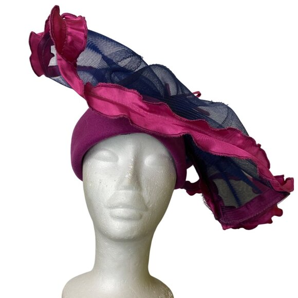 Vintage Purple Wool Hat Navy Fuchsia Ruffled Netting Overlay Fascinator Church - Picture 1 of 4